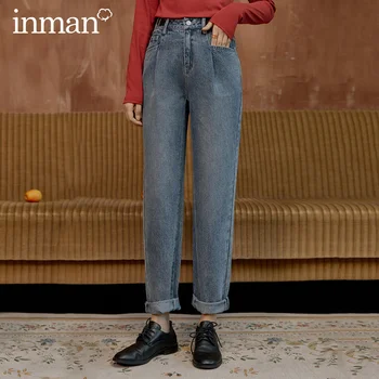 

INMAN 2020 Autumn Winter New Arrival Retro Style Literary Trousers Mid-Waist Decorative Belt On The Side Japanese Style Jeans