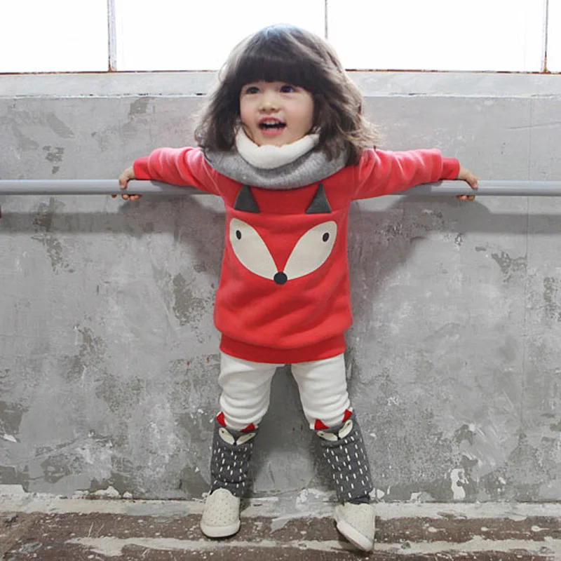 Kacakid/осенне-зимние модные утепленные комплекты одежды с изображением Красной лисы для девочек; Детские теплые флисовые комплекты из 2 предметов