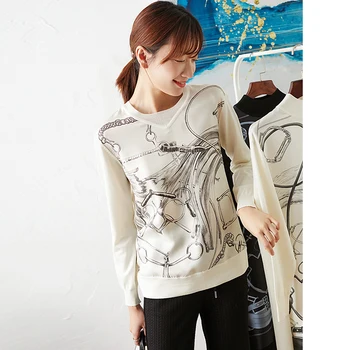 

Blouse Women Casual Style Printed Silk Patchwork Wool Blended O Neck Knitted Long Sleeves Top New Fashion