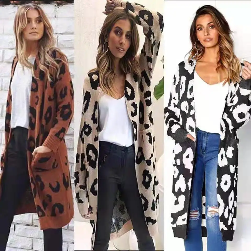 

Autumn and winter fashion all-match leopard print long loose and comfortable knitted jacket cardigan women's sweater
