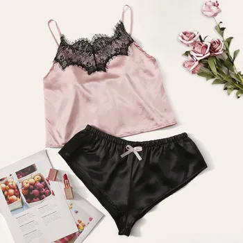 

Fashion Women Sexy Pajamas Set Spring Summer Autumn Satin Lace Trim Camisole Sleepwear lingerie sexy femme pijamas feminino W4