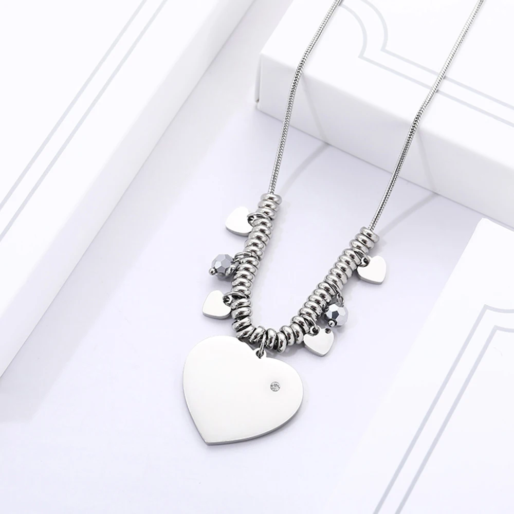 

Stainless Steel Big Heart Pendant Necklace For Women Punk Collier Jewelry Crystal Multi Beads Charms Short Necklace 2019 New
