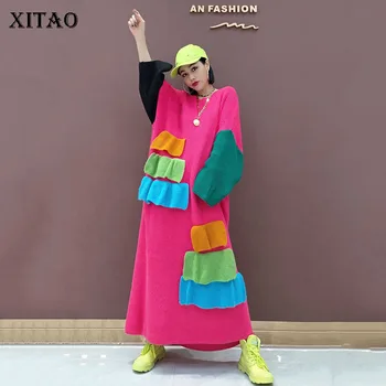 

XITAO Korean Style Maxi Dresses for Women Personality Stitching and Color Long Sleeve Knit Dress Plus Size Streetwear WJ1305