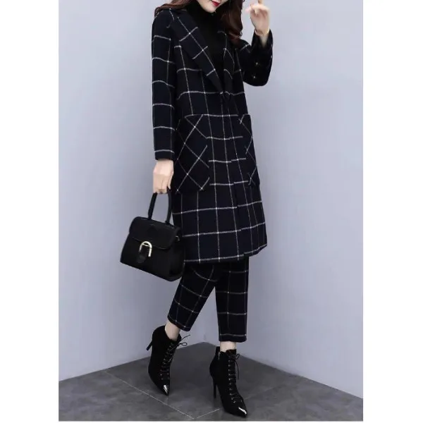 Зимние черные шерстяные клетчатые комплекты из двух предметов, костюмы для женщин, большие размеры, длинное пальто и брюки, элегантные модные офисные комплекты