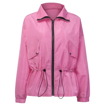 

Spring Autumn Women Girl loose Slim Drawstring Waist Hooded Jacket Zipper Windbreaker Casual Long Sleeves Coats Outerwear