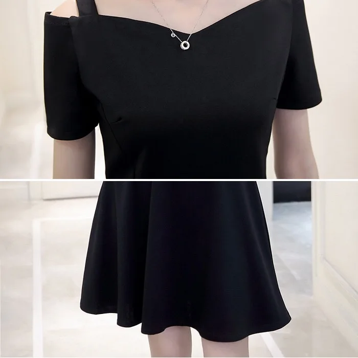 

[Impulse] Spring Summer Slim Fit Short Sleeve off-Shoulder Tube Top Black And White with Pattern Strapped Dress Women's Mid-leng