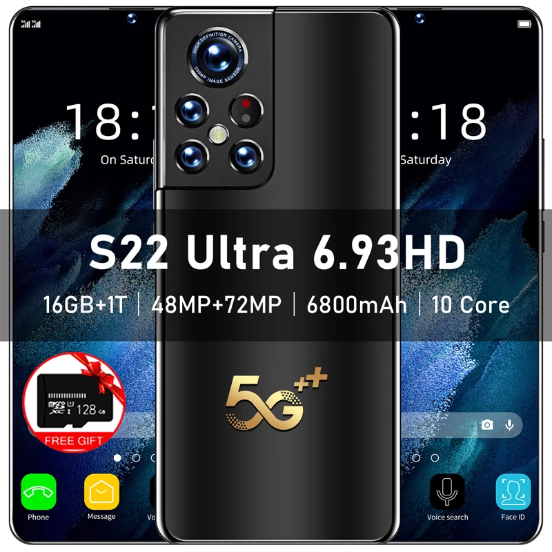 Global Version HD 6.93 Inch Smartphone S22 Ultra 4G5G 6800mAh 16GB 1T Android12 Mobile Phone Dual SIM Face ID Unlocked Cellphone | Мобильные