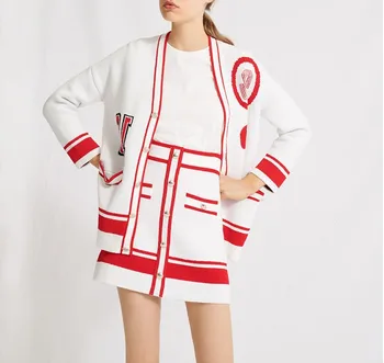 

2020 Spring Women's V-neck Single Breasted College Style Contrast Letter Jacquard Pattern Knitted Cardigan Sweater Coat M1