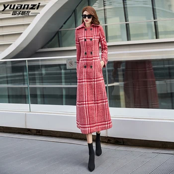 

2019 Winter New Wool Blend Outerwear Coats Women Red Plaid Cashmere Coat Long Slim Warm Wool Overcoat Female