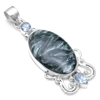 

Genuine Seraphinite + Blue Topaz Pendant 925 Sterling Silver, 57.6 mm, 2SP0767