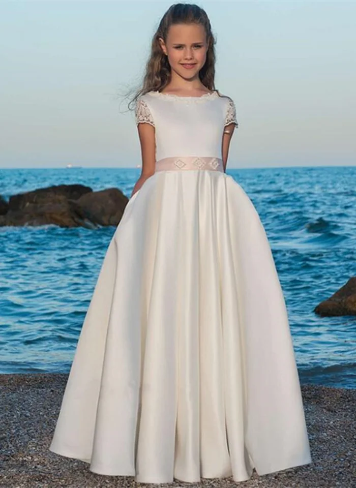 92White Satin A-Line Floor-Length Short sleeve Girls Pageant Dresses First Communion Dresses For Girls Flower Girl Dresses