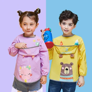 

Autumn Winter Waterproof Smock Cartoon Dinosaur Cat Children's Apron Long Sleeve Painting Cooking Apron Baby Boys And Girls Bib