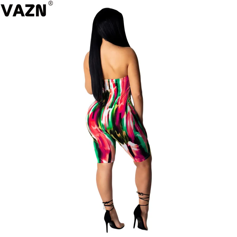 VAZN new design bandage strapless lady print high street women jumpsuit sleeveless short pant playsuits sexy club wind rompers