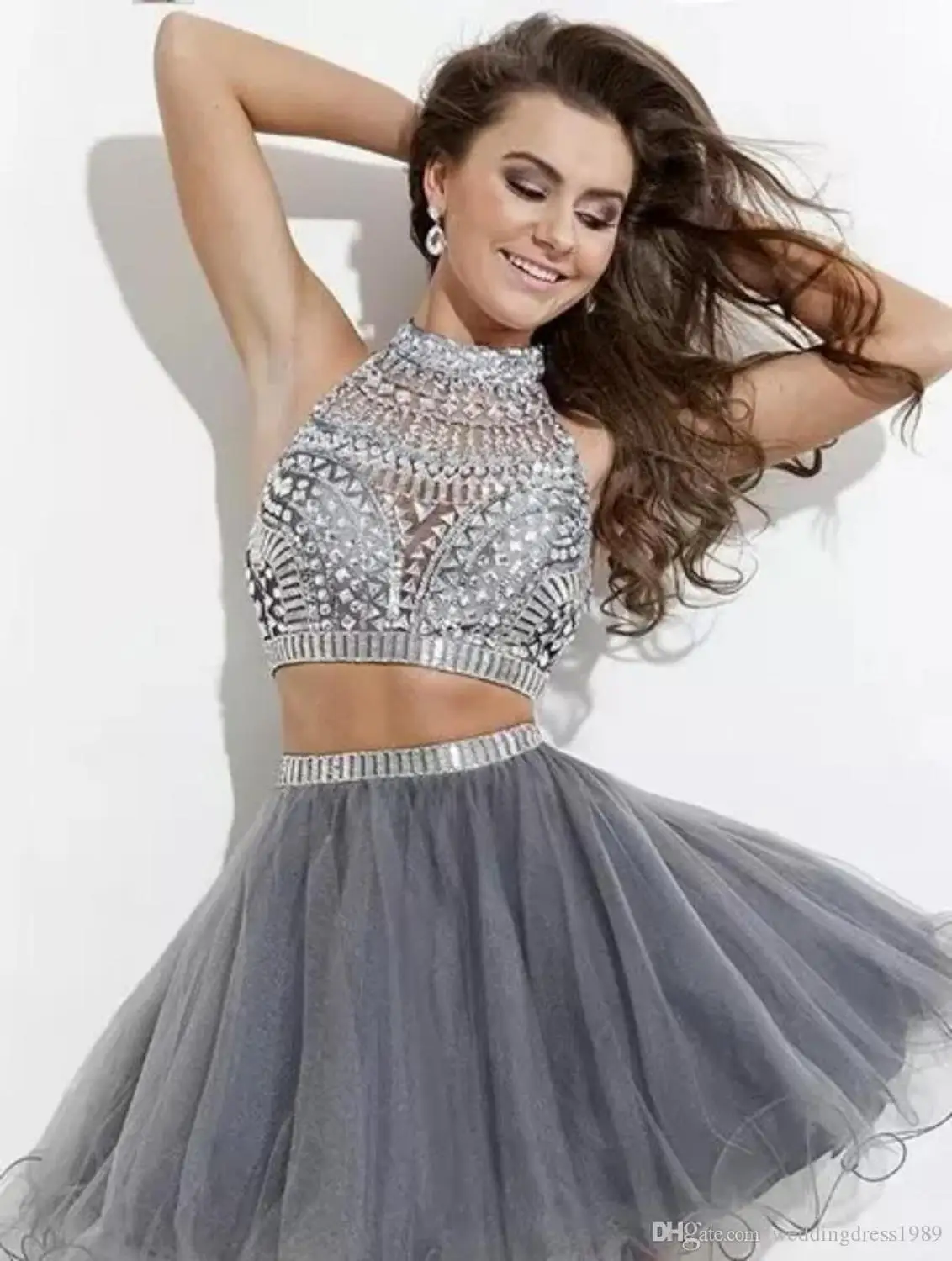 

Sexy Homecoming Dresses A-line High Neck Tulle Embellished Two-piece Beaded Graduation Dress Cocktail Party Dresses Mini Skirt