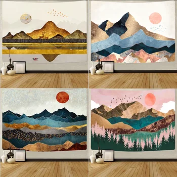 

2D Scenic Tapestry Golden Edge Abstract Printing Home Wall Decoration Japan Style Wall Hanging Multicolor Mountain Wall Blanket