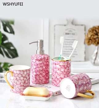 

5Pcs Light luxury hand-painted gold bathroom wash set bathroom kit simple home hotel bathroom soap bottle brush cup mug cup set