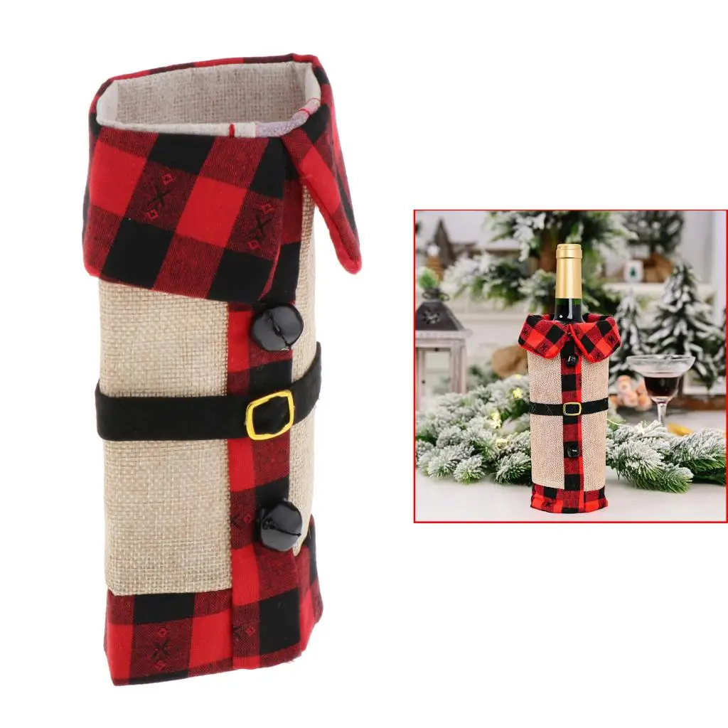 Christmas Red Grid Wine Bottle Cover, can Replace Hanging Wine Labels and Wine Licenses, Xmas Festival Party Gift Table Decor