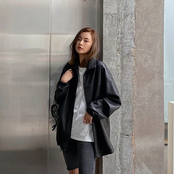 

Lautaro Oversized zip up leather jacket women long sleeve Spring soft plus size leather jackets for women Fall clothes for women