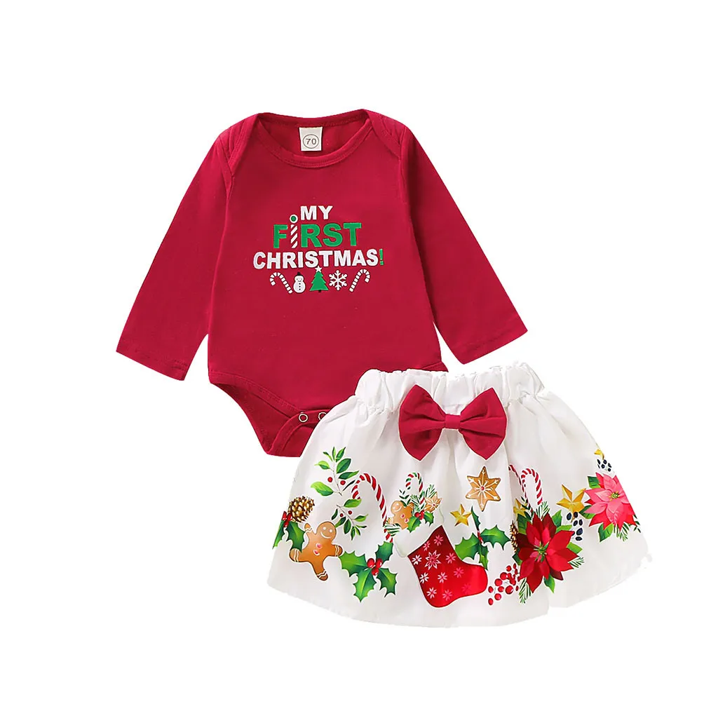 Одежда для маленьких девочек боди с надписью «My First Christmas girl»+ юбки с мультипликационным рисунком, Одежда для новорожденных девочек