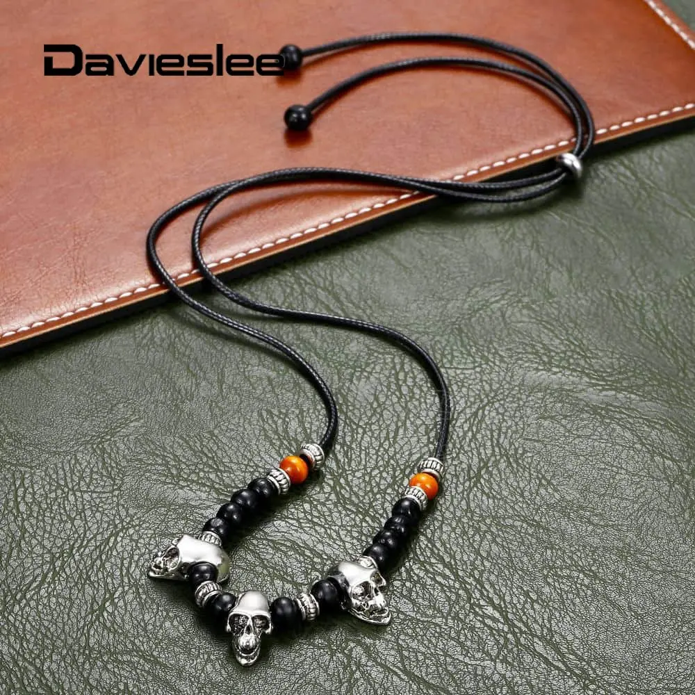

Davieslee Skull Charms Pendant Leather Necklace for Men Boys Wood Beads Holloween Costume Male Jewelry Gift Adjustable DDN138