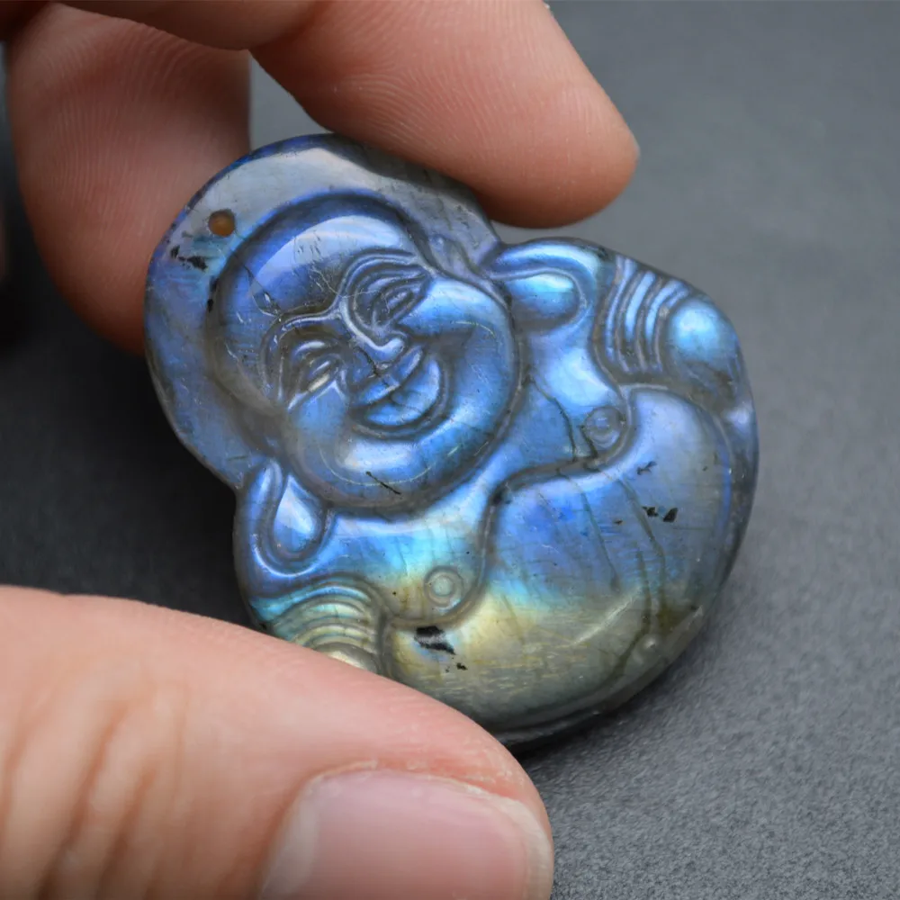 Высокий блестящий цвет натуральный камень лабрадорит резной Смеющийся Будда/куанин Будда Кулон, Ожерелье Изготовление