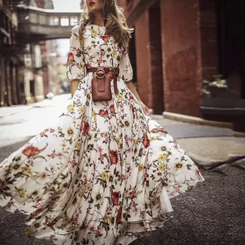 

Women Summer Long Maxi Dress Floral Print O Neck Ballgown Party Gown Beach Holiday Dress Womens Sundress