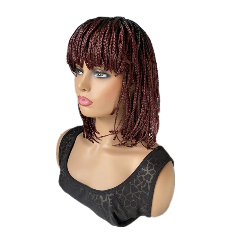 Hywamply 12" Synthetic Small Box Braided Hair Wigs With Bangs Black Bug Ombre Shade Short Bob Hairstyle Machine Wig