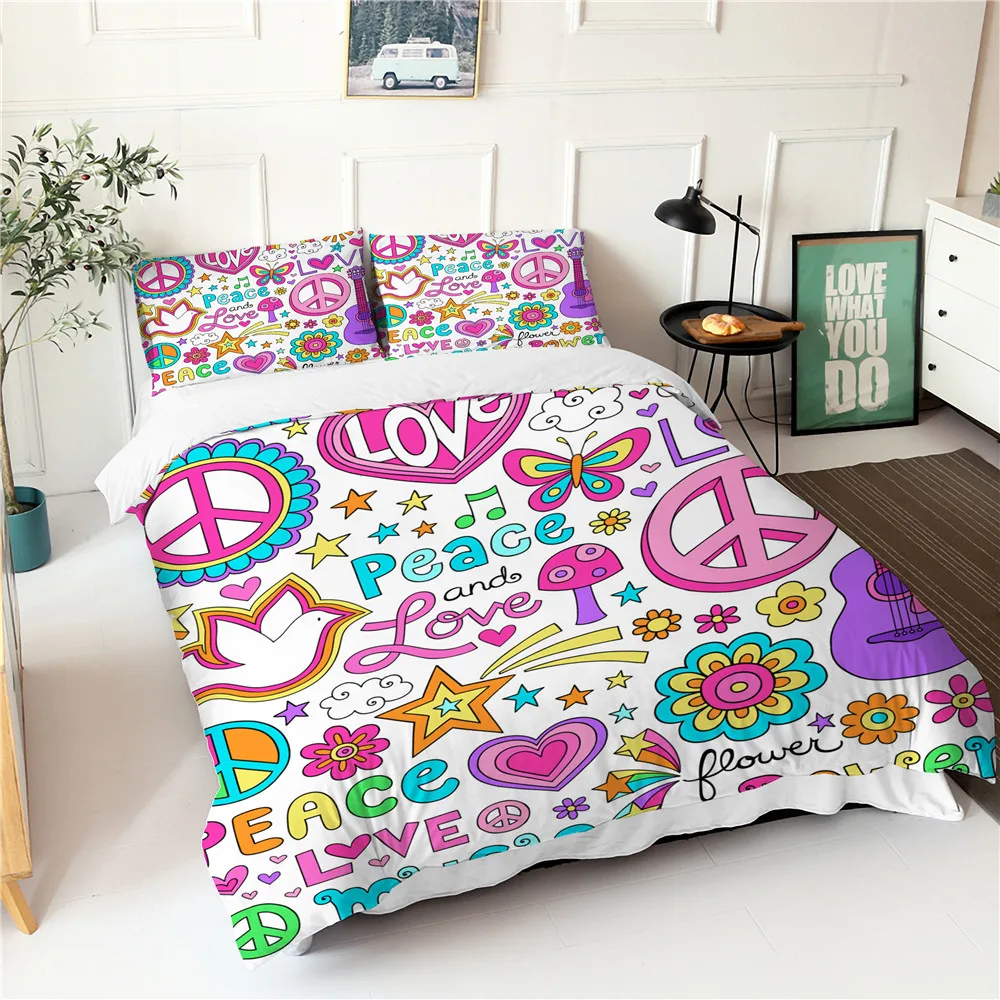 

Artistic Comforter Set Multicolor Peace Symbol Pattern King Queen Size Comforter Bed Linen Fabic Bedroom Bedding