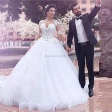 Шикарные Свадебные Платья с кружевной аппликацией и длинным рукавом, пышная юбка с глубоким декольте, бальное платье Vestido Noiva, роскошное платье невесты