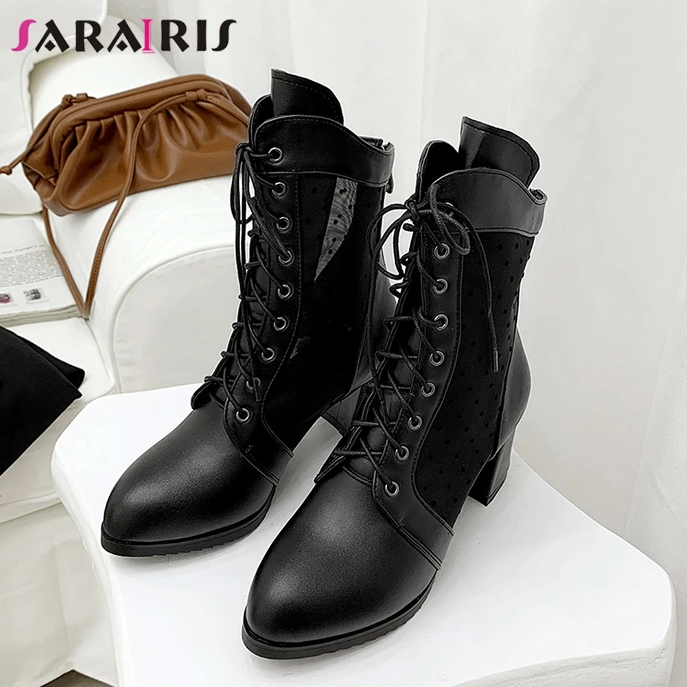

SARAIRIS Big Size 32-43 New Female Fashion Lace Up Spring Mid Calf Boots 2020 Party Ol Boots Women Chunky Heels Shoes Woman