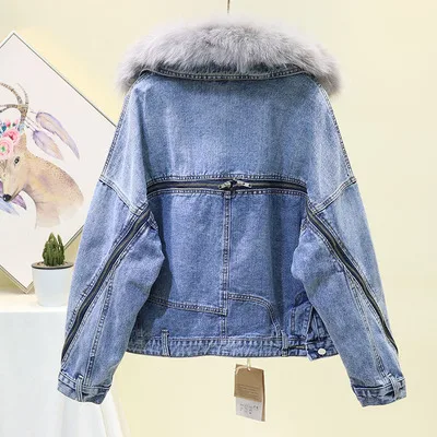 Blue Винтажная зимняя куртка на молнии из кроличьей шерсти, толстая джинсовая куртка для женщин, воротник из лисьего меха, теплое пальто, свободное джинсовое пальто, женские куртки - Цвет: Blue