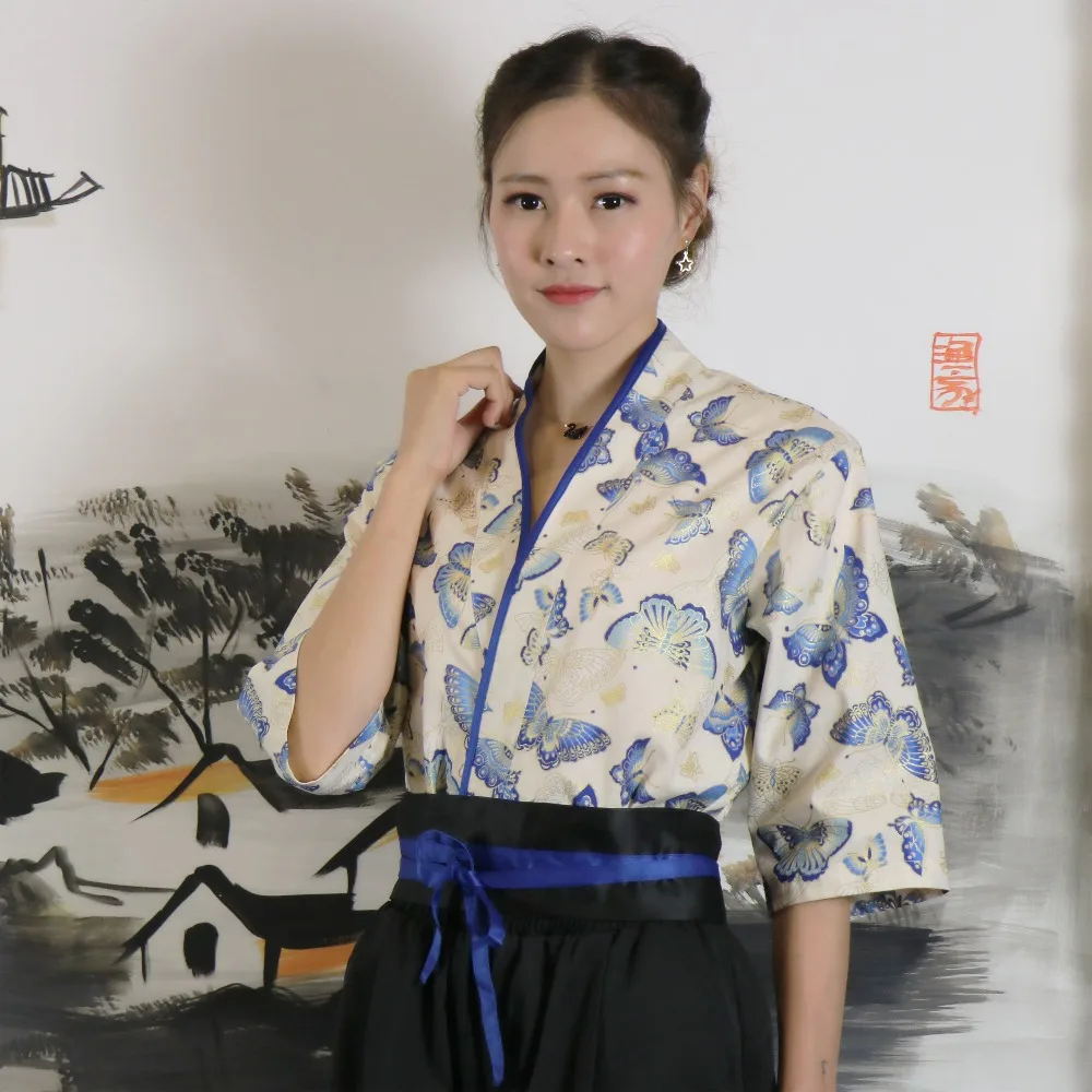 Пользовательские японский стиль женская униформа для шеф-повара Ресторан кухни официантка Рабочая Униформа кимоно суши повара одежда Средний рукав