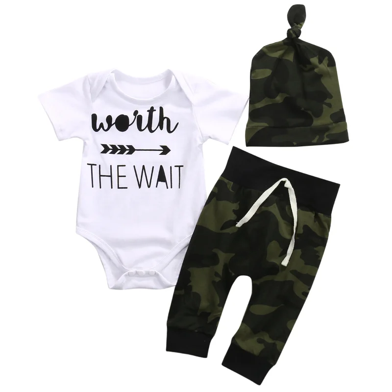 

Baby Girl Boy Bodysuit Sets 2021 Autumn Infant Babies "worth THE WAIT" Printed Bodysuits Long Pant Hat 3 Pcs Kids Clothing Sets