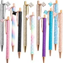 

10Pcs Metal Press Ballpoint With Four-leaf Clover Pendant For Christmas Wedding Birthday Gift Pen Home Office School Stationery