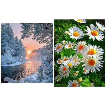 

2 Set Diamond Diamond Painting Rhinestone Home Decor Gift - Winter Pattern Round Diamond & Little Daisy Square Diamond