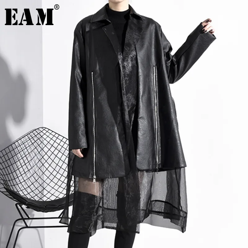 

[EAM] Loose Fit Black Pu Leather Mesh Big Size Temperament Jacket New Lapel Long Sleeve Women Coat Fashion Spring 2020 1N251