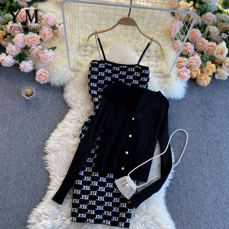 YuooMuoo 2021 New Autumn Women Two Piece Set Knitted Dress Brand Design  Letters Knit Bodycon Sweater Dress and Solid Cardigan - AliExpress