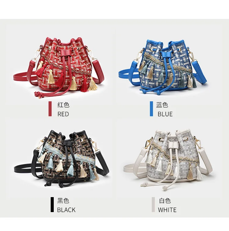 Luxury Brand Handbag Women's Bag Quilted tweed Busket bag Fashion Lady Bohemia Tassel Bags Female Drawstring Crossbody Bag Purse (7)