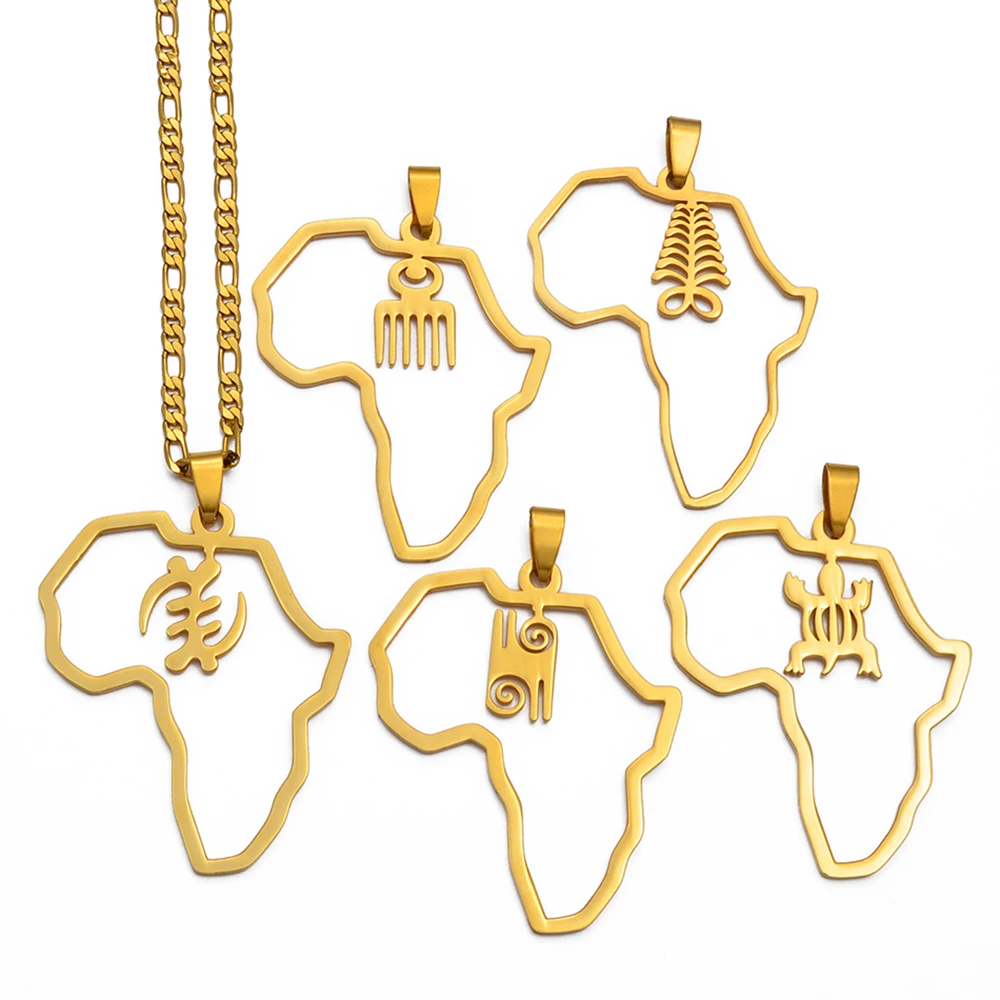 Anniyo African Map &amp Cultural Symbol Pendant Necklaces Women Men Gold Color Adinkra Gye Nyame Africa Ethnic Jewelry #129721 | Украшения