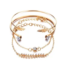 Минималистский 4 Sets/Pcs с украшением в виде кристаллов Циркон заполненный листья бусины Браслеты для Для женщин в богемном стиле, в стиле «панк» для девочек раздавить золото Цвет цепи ювелирные изделия