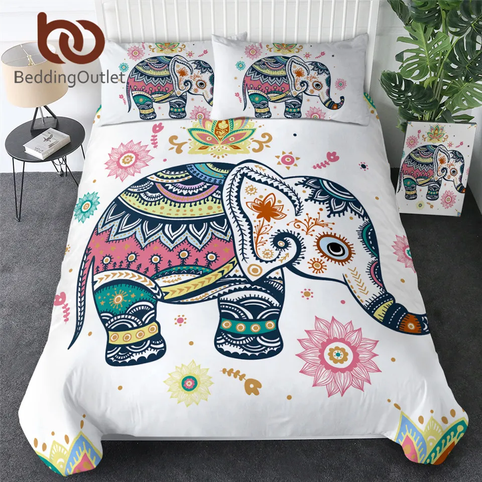 3 Pcs Rainbow Mandala Elephant Duvet Cover Set Bohemian Pastel Floral Bed Set Hippie Gypsy Bedding Queen