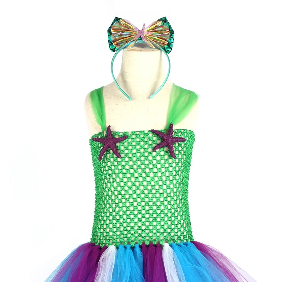 Girl Mermaid Costume Tutu Dress Siren Mermaid Dress with Trail Under the Sea Starfish Children Birthday Dress Pageant Ball Gowns (13)