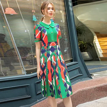 

High Quality Summer 2020 New Women'S Fashion Party Casual Elegant Chic Gentlewoman Print Stitching Chiffon Dresses Knee Length