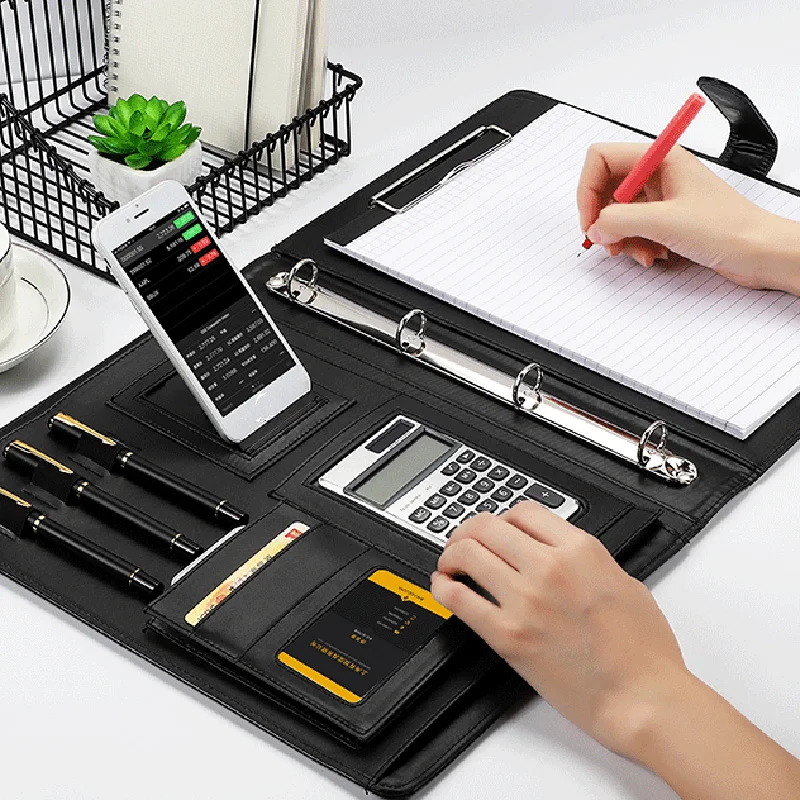 PU Leather A4 File Writing Pad Presentation Folder Portfolio with Calculator for Business IPad/Table Interview Resume Binder