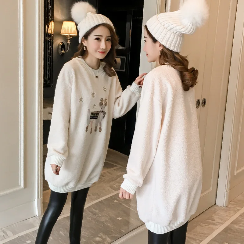 

Photo Shoot 2019 Autumn And Winter Maternity Clothes New Style Korean Loose-Fit Hoodie Brushed And Thick Mid-length Dress