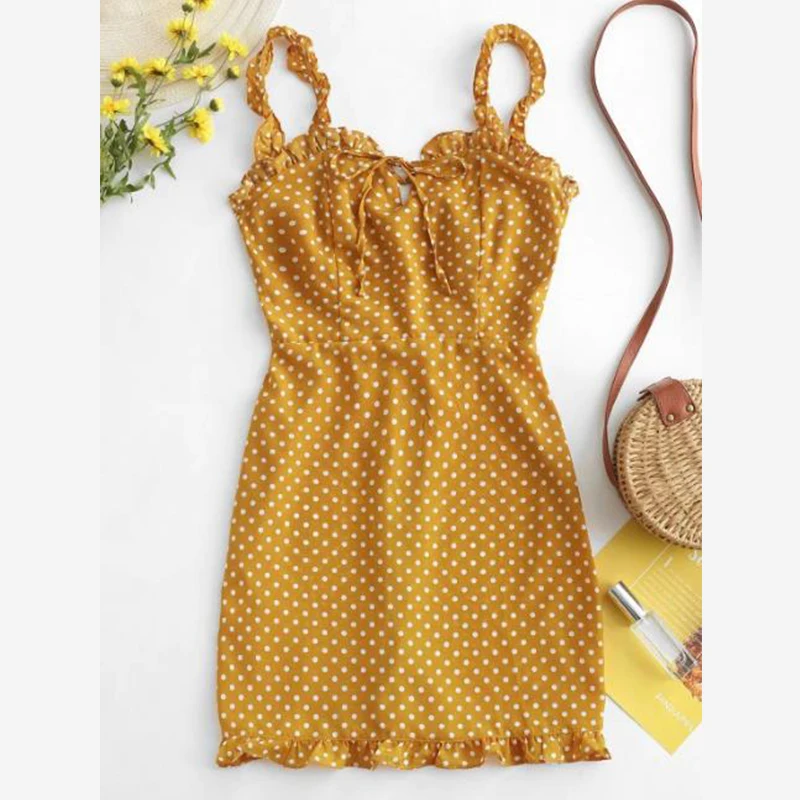 

Smocked Polka Dot Ruffle Straps Dress Gothic Bodycon Dress Sleeveless A-Line Print Spaghetti Strap Beach Style Bandage Dress