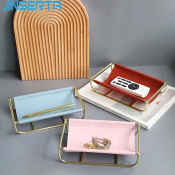 

JINSERTA Metal Storage Tray PU Leather Jewelry Display Plate Cosmetic Organizer Home Desktop Key Remote Control Sundries Tray
