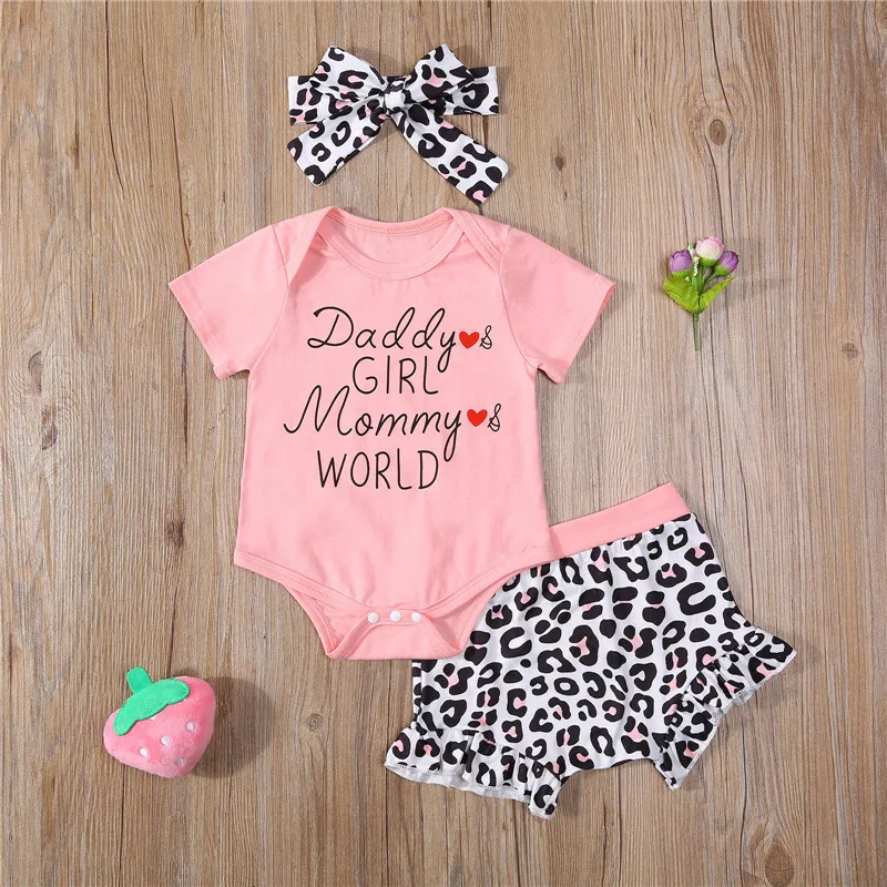 0-24M Baby Boys Girls Summer 3pcs Outfits Sets Short Sleeve Letter Print T-shirts+Floral High Waist Shorts+Headband Soft Outfits Baby Clothing Set classic Baby Clothing Set