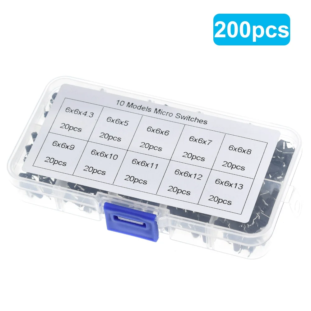 10 models 200pcs 6*6 Tact Switch Tactile Push Button Switch Kit, Height: 4.3MM~13MM DIP 4P micro switch 6x6 Key switch