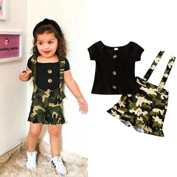 

2PCS Kids Baby Girls Clothes Solid Crop Tops Bib Strap Shorts Camouflage Summer Casual Pants Outfit Set Summer 2-7Y